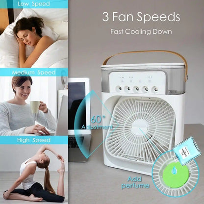 USB Portable Humidifier Fan Air Conditioner Fan with 7 Colors LED Light